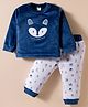 ToffyHouse Fleece Knit Full Length Winter Wear Night Suit With Animal Face Embroidery - Navy Blue