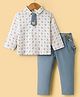 ToffyHouse Interlock Knit Full Sleeves Teddy Bear Printed Polo T-Shirt & Trouser Set With Tie & Suspender - Blue & White