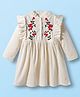 Babyhug Cotton Knit Full Sleeves Frock with Floral Embroidery & Frill Detailing - Offwhite