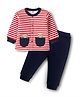 ToffyHouse Fleece Knit Full Sleeves Winter Wear Front Open T-Shirt  and Joggers Set with Stripes & Teddy Embroidery - Red & Navy Blue