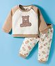 ToffyHouse Fleece Knit Full Raglan Sleeves Winter Wear T-Shirt & Joggers Set With Teddy Print - Tan & Cream
