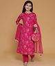 Piccolo Woven Three Fourth Sleeves Floral Embroidered & Sequins Embellished Kurti Pant With Dupatta Set - Pink