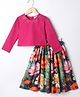 M'andy Woven Full Sleeves Bow Foil Designed Top & Floral Printed Skirt Set - Magenta