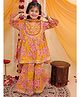 Vastrarth Pure Cotton Woven Three Fourth Sleeves Floral Printed & Mirror Work Detailed Kurti & Sharara with Dupatta Set - Mustard