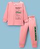 Weet Knitted Full Sleeves T-Shirt & Lounge Pant Set with Text Print - Peach
