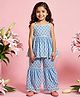 Nautinati Cotton Knit Sleeveless Floral Motifs Printed Lace Detailed Kurti Sharara Set - Blue