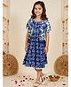 Nautinati Cotton Knit Sleeveless Leaves Printed Lace Detailed Dress & Half Sleeves Jacket Set - Blue