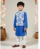 Nautinati Cotton Knit Full Sleeves Solid Kurta Pyjama With Floral Printed Jacket Set - Blue & White