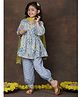 Superminis Cotton Woven Three Fourth Puffed Sleeves Floral & Chevron Printed Kurti & Patiala With Dupatta Set - Blue