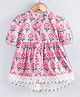 Hugsntugs Cotton Woven Half Puffed Sleeves Floral Printed & Lace Detailed Frock Style Top - Pink