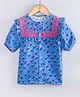 Hugsntugs Cotton Woven Half Puffed Sleeves Floral Printed & Lace Embellished Frock Style Top - Blue