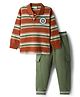 Babyhug Single Jersey Knit Full Sleeves Striped Polo T-Shirt & Lounge Pant Set With Brooklyn Patch - Red & Green
