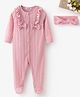 Mark & Mia Full Sleeves Footed Front Open Romper with Headband Bow Applique & Cable Knit Design - Pink