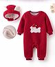 Mark & Mia Full Sleeves Fur Winter Romper with Cap & Puppy Patch Detailing - Red