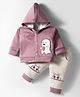 Mom's pet Fleece Knit Full Sleeves Dino Embroidered Hooded Sweatshirt With Joggers Set - Purple