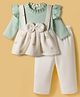 Mom's pet Fleece Knit Full Sleeves Train Printed & Bow Applique Detailed Dress With Leggings - Green