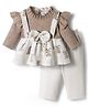 Mom's pet Fleece Knit Full Sleeves Teddy Bear Printed & Bow Applique Detailed Dress With Leggings - Brown
