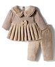 Mom's pet Fur Knit Full Sleeves Bow Applique Detailed Pleated Heavy Winter Dress With Leggings - Brown