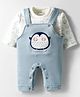 Mom's pet Fleece Knit Pengiun Embroidered Dungaree With Full Sleeves Top Set - Blue