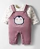 Mom's pet Fleece Knit Full Sleeves Pengiun Embroidered Full Dungaree With Top Set - Dark Pink