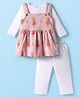 Mom's pet Fleece Knit Full Sleeves Teddy Bear Printed Dress With Top & Leggings Set - Pink