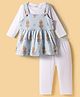 Mom's pet Fleece Knit Full Sleeves Teddy Bear Printed Dress With Top & Leggings Set - Blue
