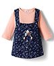 Mom's pet Cotton Knit Floral Printed Pom Pom & Leaves Applique Detailed Stone Embellished Pinafore Dress With Full Sleeves Top - Orange