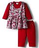 Mom's pet Cotton Knit Floral Printed Pinafore Dress With Separate Full Sleeves Top & Leggings - Red
