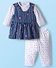 Mom's pet Cotton Knit Striped & Strawberry Printed Pinafore Dress With Separate Full Sleeves Top & Leggings - Blue