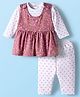 Mom's pet Cotton Knit Floral Printed Pinafore Dress With Separate Full Sleeves Top & Leggings  - Dark Pink