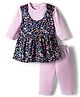 Mom's pet Cotton Knit Floral Printed Pinafore Dress With Separate Full Sleeves Top & Leggings - Navy Blue