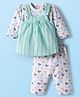 Mom's pet Cotton Knit Striped & Floral Applique Detailed Pearl Embellished Pinafore Dress With Separate Full Sleeves Top & Leggings -Green