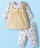 Mom's pet Cotton Knit Striped & Floral Applique Detailed Pearl Embellished Pinafore Dress With Separate Full Sleeves Top & Leggings - Yellow