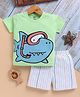 TOONYPORT Cotton Knit Half Sleeves Shark Printed Tee & Striped Shorts Set - Light Green