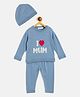 JWAAQ Cotton Knit Family Theme Full Sleeves I Love Mum Designed Sweater & Pant With Cap Set - Blue