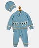 JWAAQ Cotton Knit Full Sleeves Fox Patch Embroidered Sweater & Pant With Cap Set -Blue