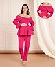 Shades Of Sabi Poplin Woven Off Shoulder Solid Coordinating Maternity Top With Side Zipper Nursing Access & Trousers Set - Pink