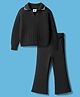 Yellow Apple Knit Full Sleeves Solid Co-Ord Sweatshirt & Lounge Pant Set with Pearl Applique - Black