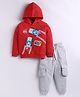 Little Ninja Cotton Knit Full Sleeves Racing Cars Printed Hooded Sweatshirt & Joggers Set - Red & Grey
