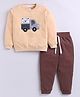 Little Ninja Cotton Knit Full Sleeves Truck Patch Embroidered Sweatshirt & Joggers Set - Beige & Brown