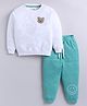 Little Ninja Cotton Knit Full Sleeves Bear Patch Embroiderd Sweatshirt & Joggers Set - White & Green