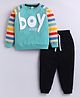 Little Ninja Cotton Knit Full Sleeves Boy Text Puff Printed Placement Striped Sweatshirt & Joggers Set - Green & Black