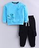 Little Ninja Cotton Knit Full Raglan Sleeves Striped & Puppies Printed Sweatshirt With Joggers Set - Blue & Black