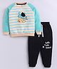 Little Ninja Cotton Knit Full Raglan Sleeves Striped & Bear Printed Sweatshirt & Joggers Set - White & Black
