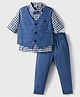 Mini Taurus Cotton Knit Full Sleeves Checks 3 Piece Party Suit with Attached Bow - Blue