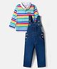 Babyhug Terry Knit Denim Dungaree with Full Sleeves Striped Inner Tee - Multicolor