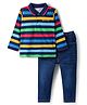 Babyhug Single Jersey Knit Full Sleeves T-Shirt & Denim Jeans Set With Stripes - Blue