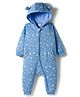 Mark & Mia Knit Full Sleeves Fleece Fabric Winter Wear Star Printed Hooded Romper With Kangaroo Pockets & Ear Applique - Blue