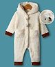 Mark & Mia Knit Full Sleeves Winter Wear Fur Hooded Romper With Pocket & Badge Detailing & Teddy Applique - Off White