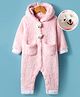 Mark & Mia Knit Full Sleeves Winter Wear Fur Hooded Romper With Pocket & Badge Detailing & Teddy Applique - Pink